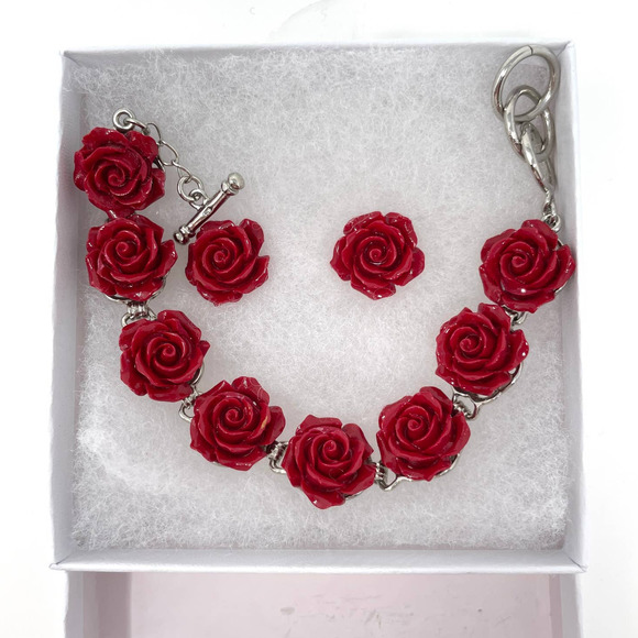 Unbranded Jewelry - Red Rosette Bracelet and Earring Jewelry Set In Gift Box
